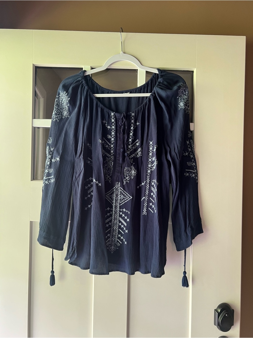 Embroidered Navy Peasant Blouse - Women's Top